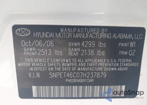 2007 Hyundai Sonata Gls z USA, uszkodzony, nr VIN 5NPET46C07H237879